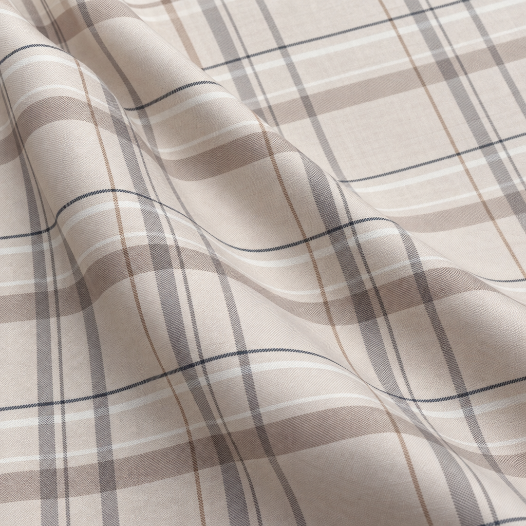 Plaid (Poly Print) in Greige — fabric print and drape detail