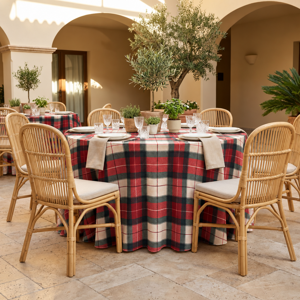Plaid (Poly Print) in HollyBerry — table linen in a courtyard table setting