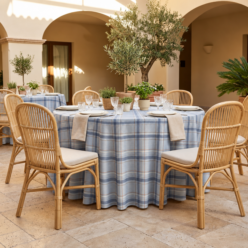 Plaid (Poly Print) in Denim Blue — table linen in a courtyard table setting