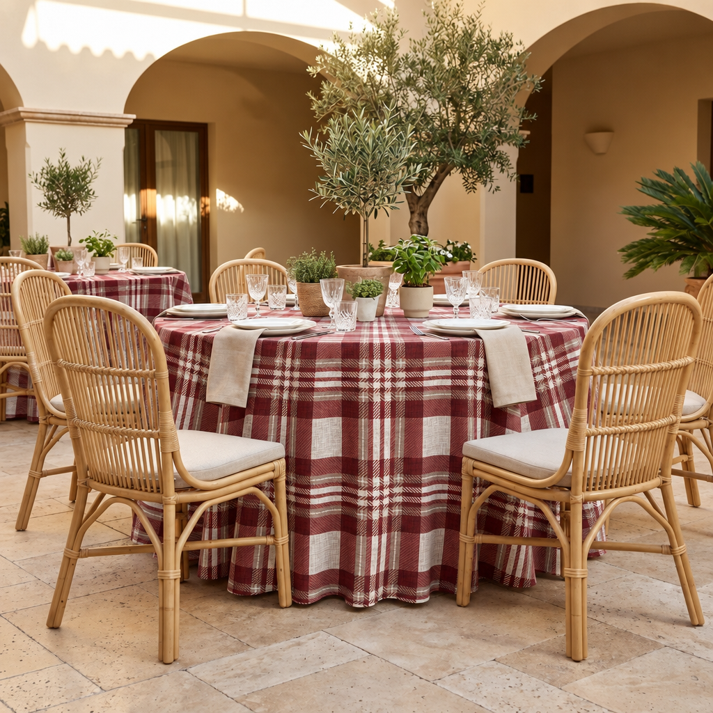 Plaid (Poly Print) in Ruby — table linen in a courtyard table setting
