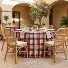 Plaid (Poly Print) in Ruby — table linen in a courtyard table setting