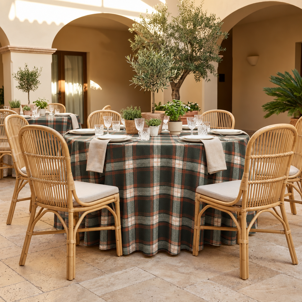 Plaid (Poly Print) in Woodland — table linen in a courtyard table setting