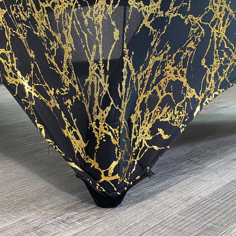 Print Spandex (8'x30") Banquet Table Cover in Black with Gold Marbling