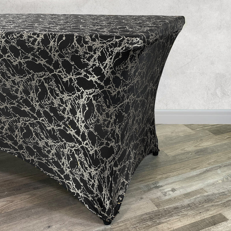 Print Spandex (8'x30") Banquet Table Cover in Black with Silver Marbling