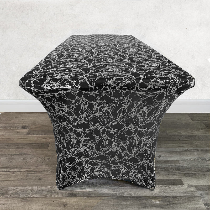Print Spandex (8'x30") Banquet Table Cover in Black with Silver Marbling