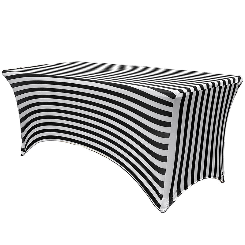 Print Spandex (8'x30") Banquet Table Cover in Black/White Stripes