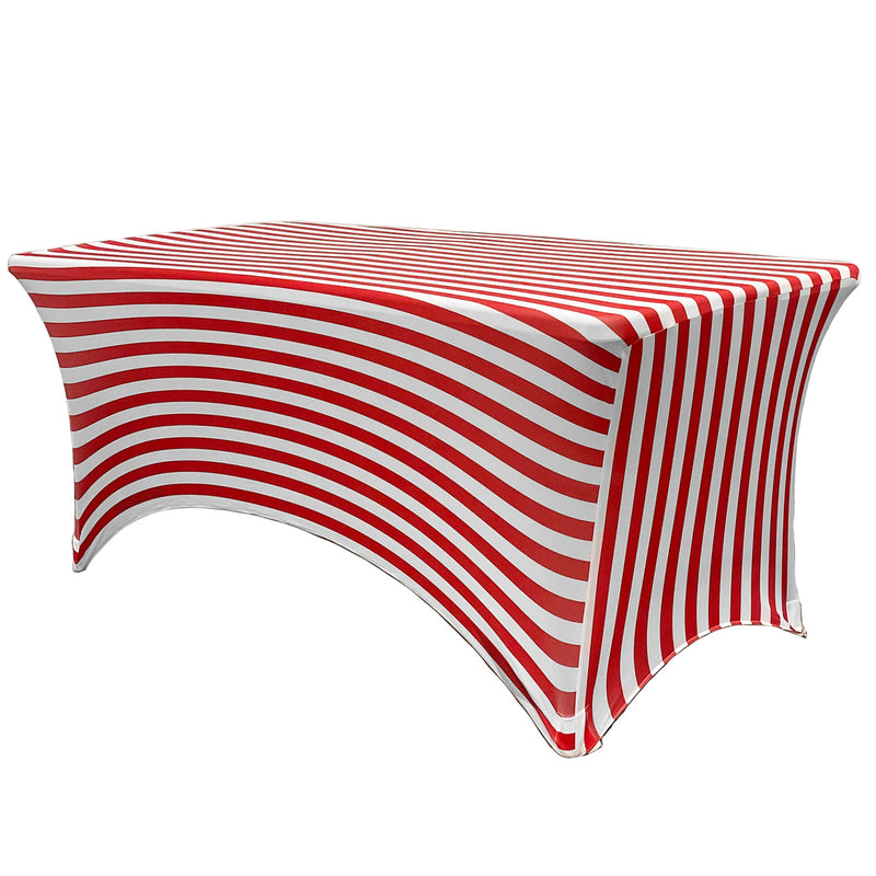 Print Spandex (8'x30") Banquet Table Cover in Red/White Stripes