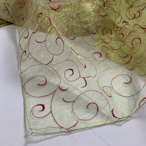 14pcs - Swirl Embroidery Sheer - 85"x85" Square - Fuchsia on Sage