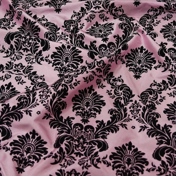 Damask Flocking Taffeta Table Linen in Black on Pink