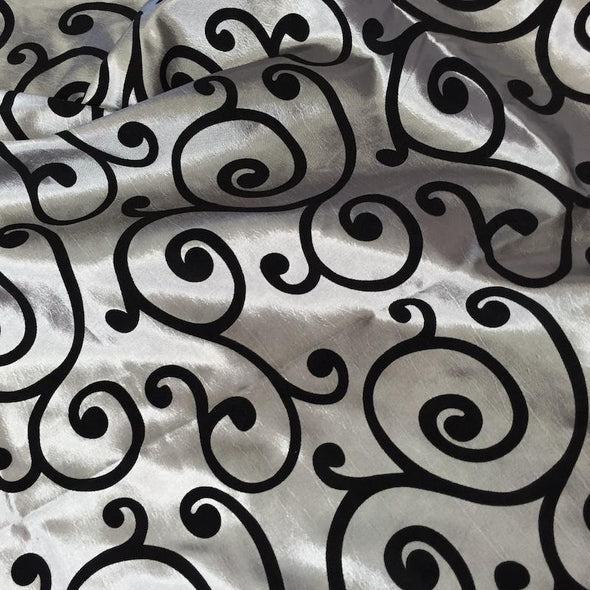 Swirl Flocking Taffeta Table Linen in Black on Silver
