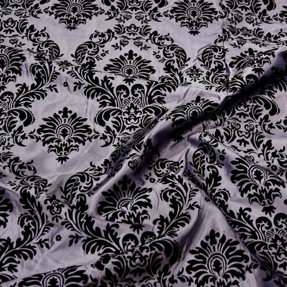 Damask Flocking Taffeta Table Linen in Black on Silver