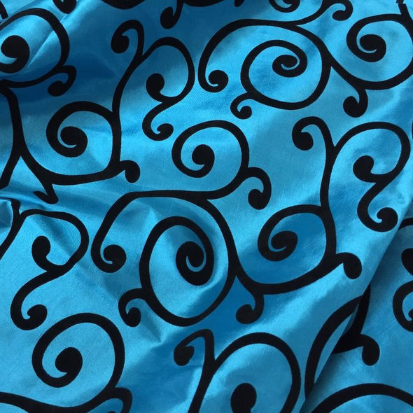 Swirl Flocking Taffeta Table Linen in Black on Turquoise