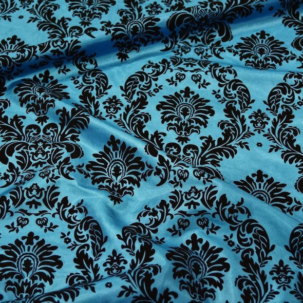 Damask Flocking Taffeta Table Linen in Black on Turquoise