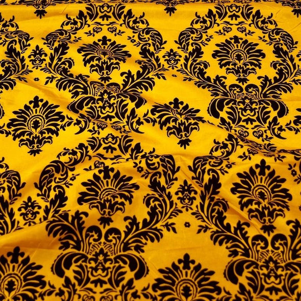 Damask Flocking Taffeta Table Linen in Black on Yellow