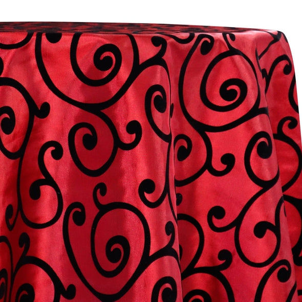 Swirl Flocking Taffeta Table Linen in Black on Red