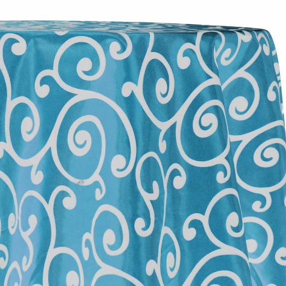 Swirl Flocking Taffeta Table Linen in Silver on Turquoise