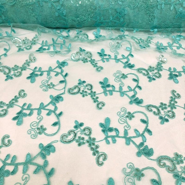 Basil Leaf Embroidery Linen in Teal Green