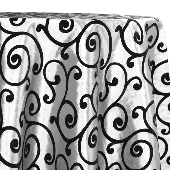 Swirl Flocking Taffeta Table Linen in Black on White