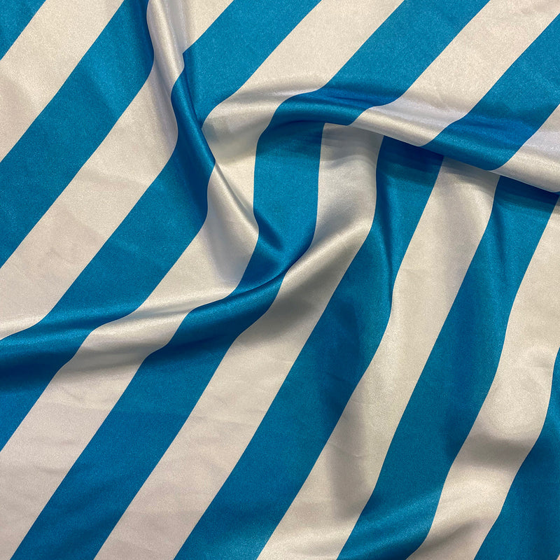 2" Satin Stripe Linen in White and Turquoise